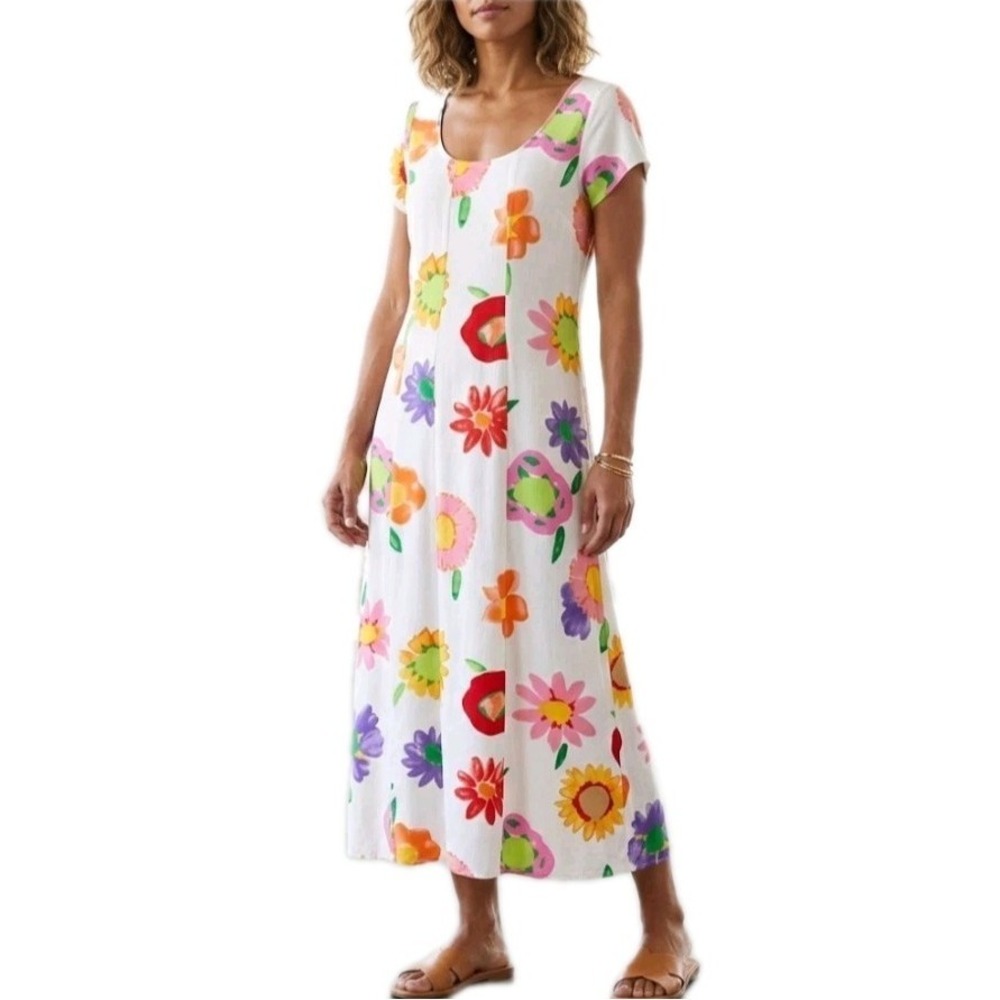 VTG JAMS WORLD‎ Midi Dress Womens S Cream Floral Cap Sleeves Back Ties FLAWS
